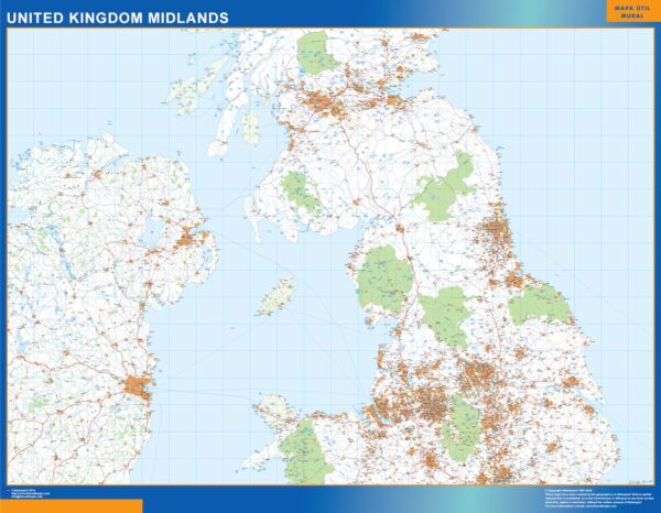 Carte Royaume Uni Midlands Routières Plastifiée
